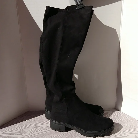 Unisa Black Tall Knee Faux Suede Boots Slip-On Elastic Stretch Back Sz 8M - Picture 2 of 16